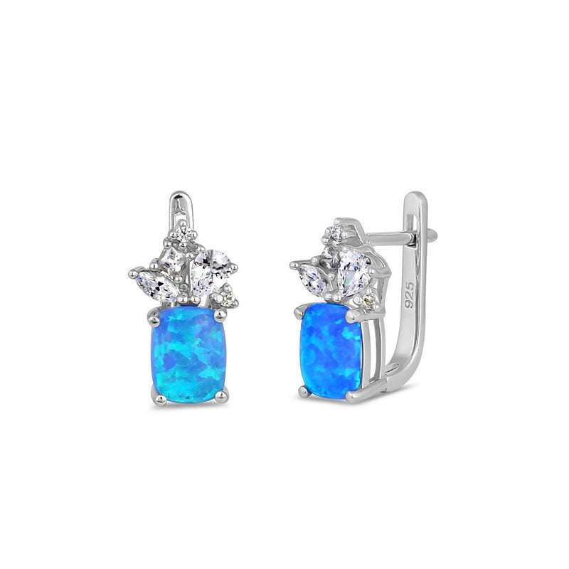 Sterling Silver Blue Lab Opal Squoval CZ Cluster Earrings