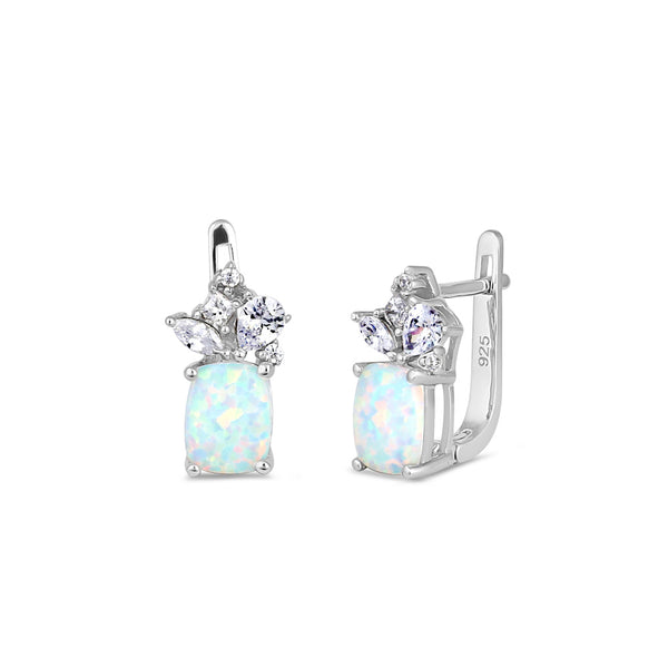 Sterling Silver White Lab Opal Squoval CZ Cluster Earrings