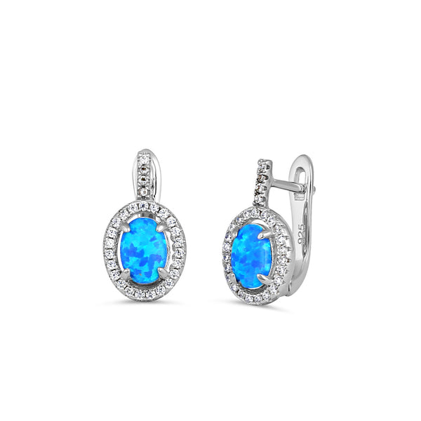 Sterling Silver Blue Lab Opal Oval Halo Earrings