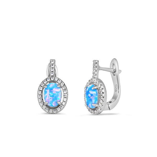 Sterling Silver Blue Lavender Lab Opal Oval Halo Earrings