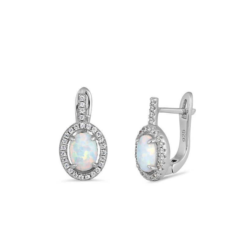 Sterling Silver White Lab Opal Oval Halo Earrings