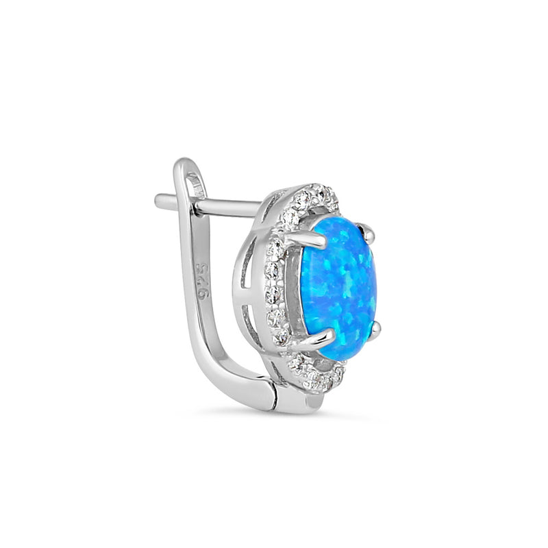 Sterling Silver Elegant Blue Lab Opal Oval CZ Halo Earrings