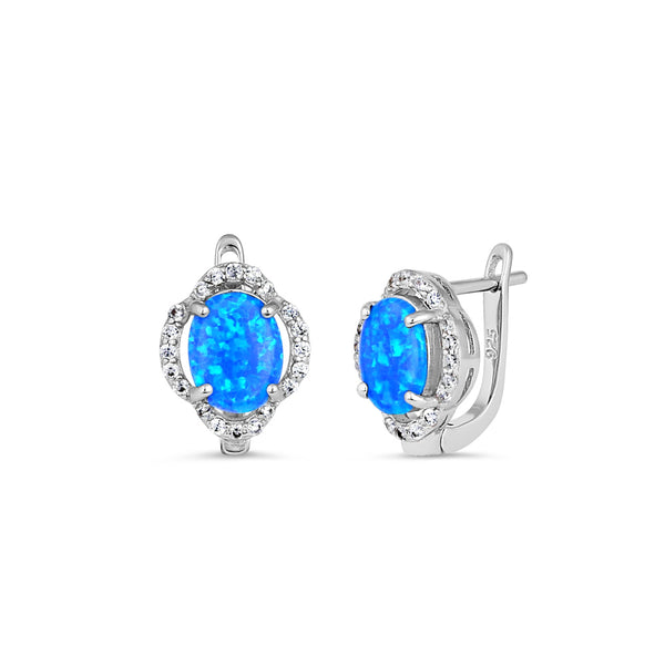 Sterling Silver Elegant Blue Lab Opal Oval CZ Halo Earrings