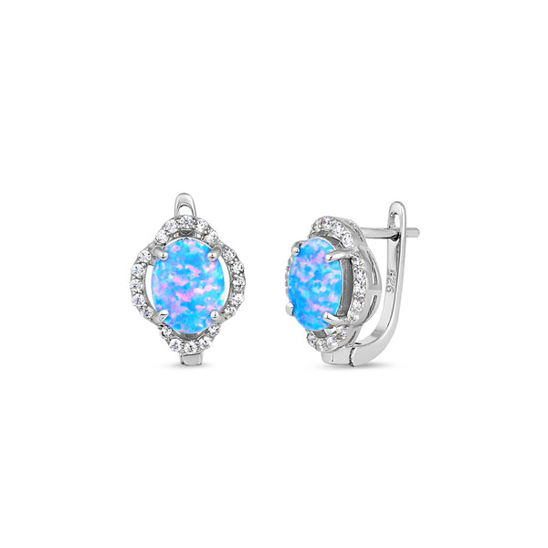 Sterling Silver Elegant Blue Lavender Lab Opal Oval CZ Halo Earrings