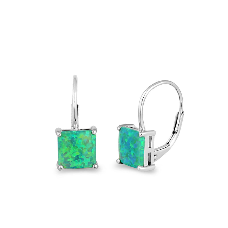 Sterling Silver Elegant Green Lab Opal Square Earrings