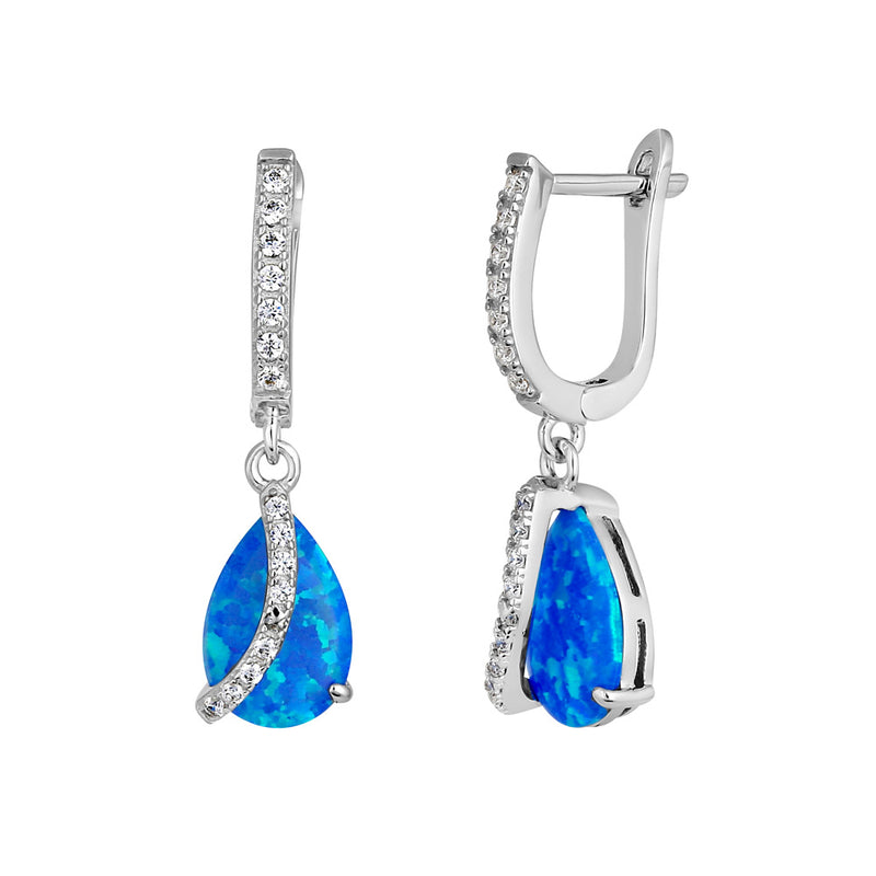 Sterling Silver Blue Lab Opal Elegant CZ Curve Earrings