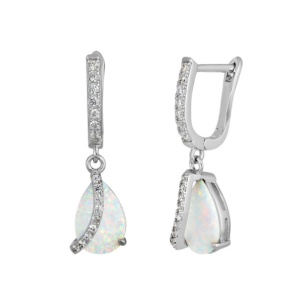 Sterling Silver White Lab Opal Elegant CZ Curve Earrings