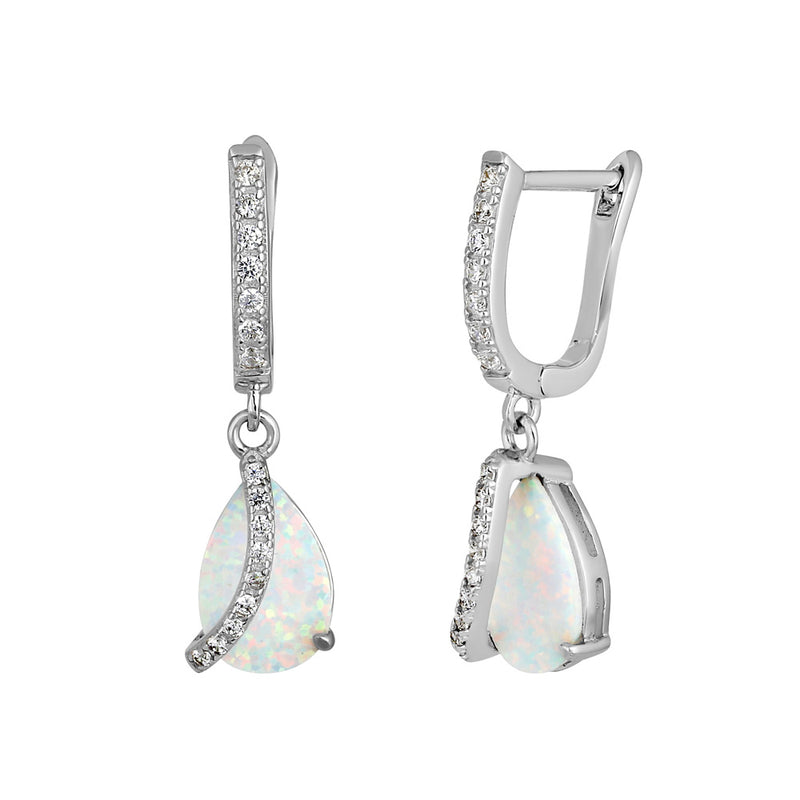 Sterling Silver White Lab Opal Elegant CZ Curve Earrings