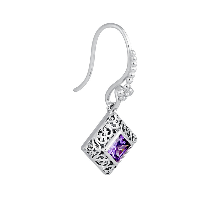 Sterling Silver High Polish Filigree Square Cut Amethyst CZ Earrings