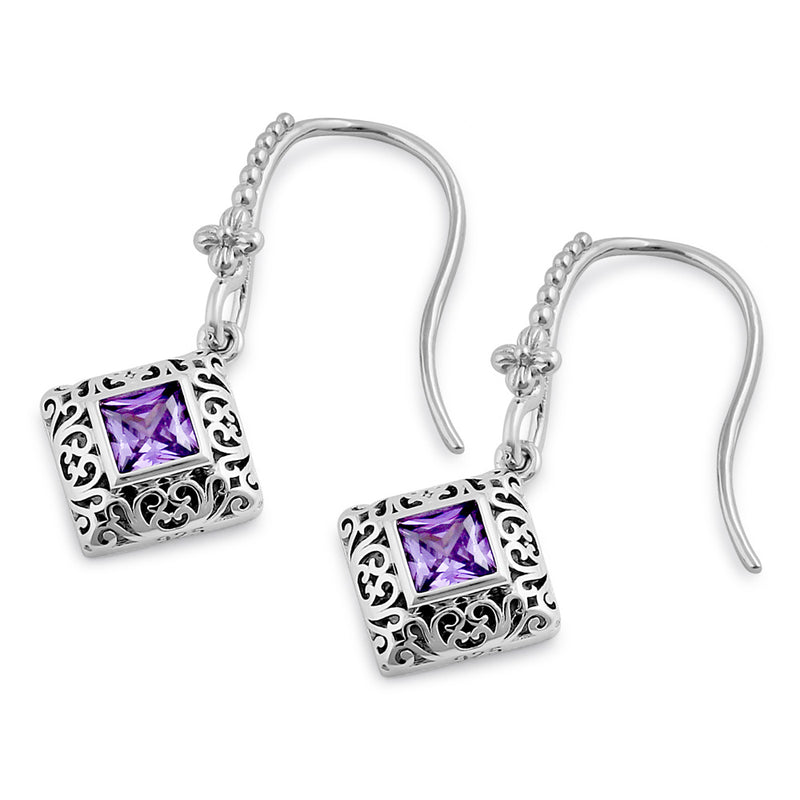 Sterling Silver High Polish Filigree Square Cut Amethyst CZ Earrings