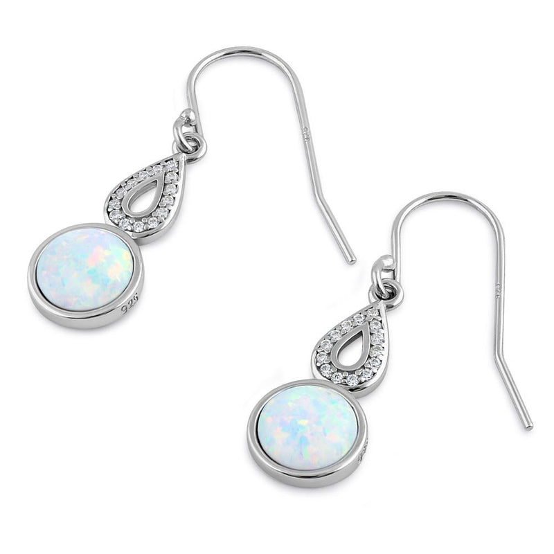 Sterling Silver White Lab Opal Semi Sphere Hollow Pear CZ Earrings