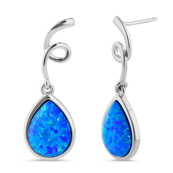 Sterling Silver Blue Lab Opal Twirl Dangling Pear Earrings