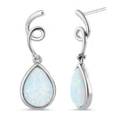 Sterling Silver White Lab Opal Twirl Dangling Pear Earrings
