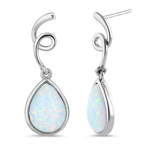 Sterling Silver White Lab Opal Twirl Dangling Pear Earrings