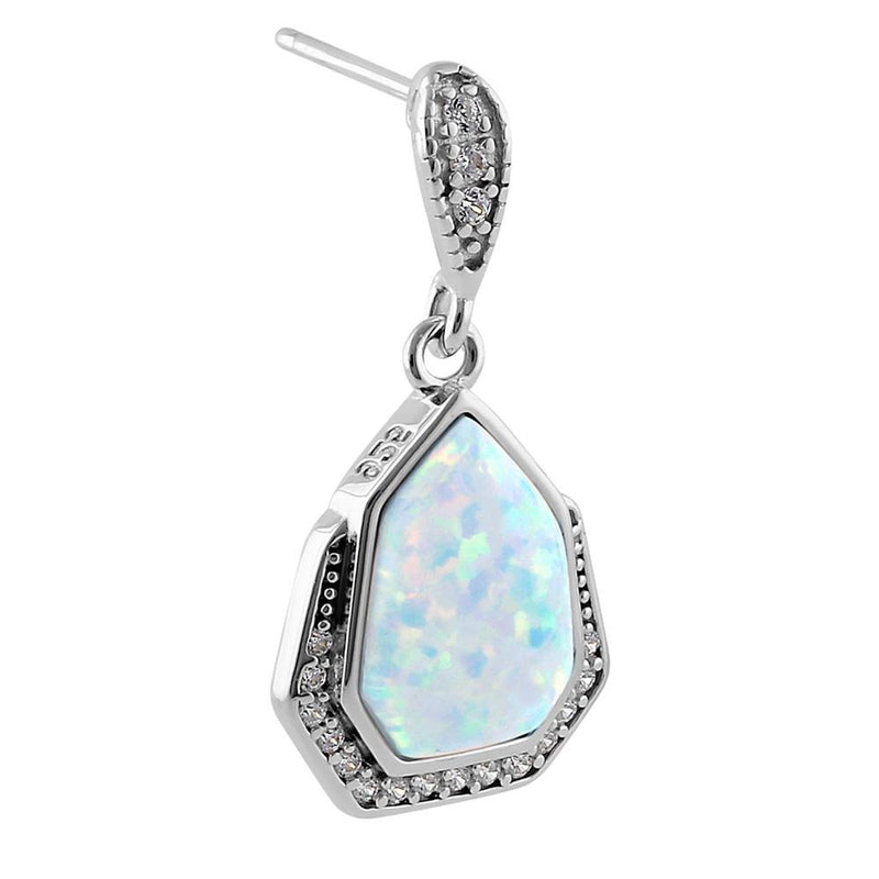 Sterling Silver White Lab Opal Heptagon CZ Earrings