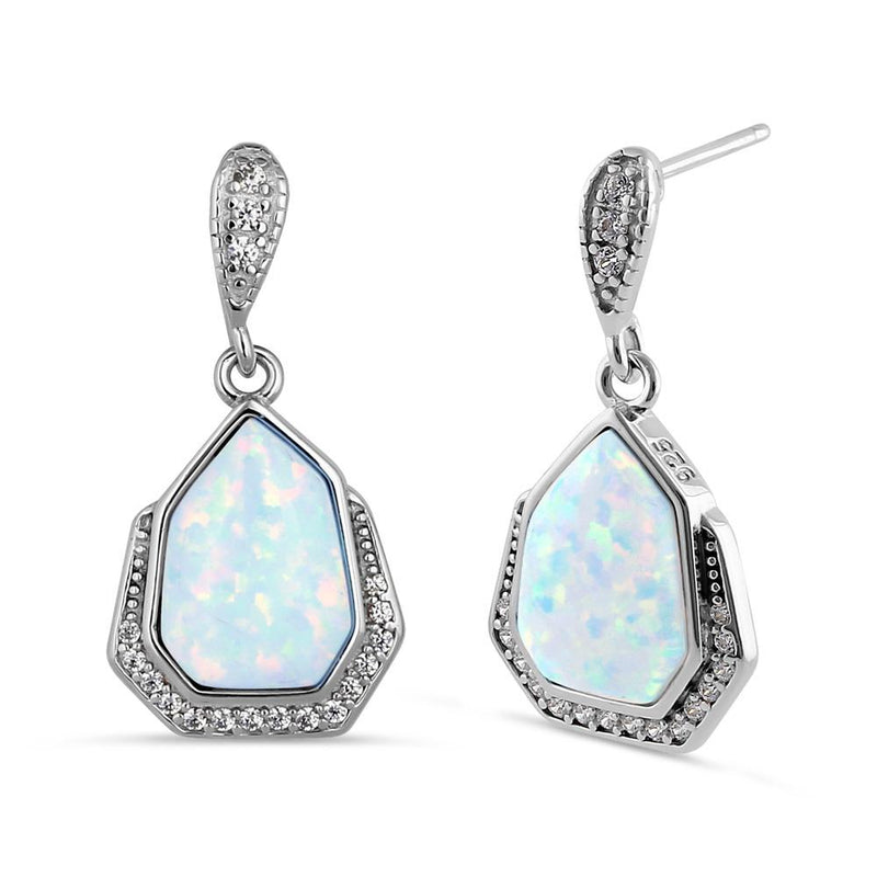 Sterling Silver White Lab Opal Heptagon CZ Earrings