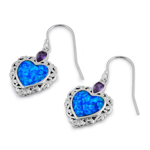 Sterling Silver Blue Lab Opal Victorian Heart with Amethyst Pear CZ Earrings