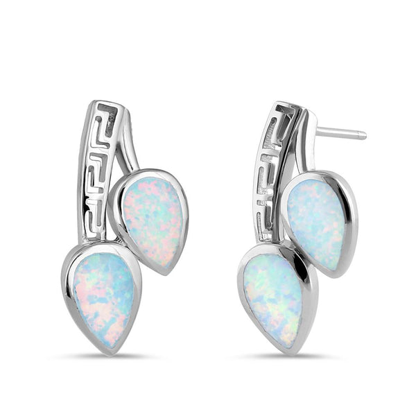 Sterling Silver White Lab Opal Greek Pear Drop Earrings