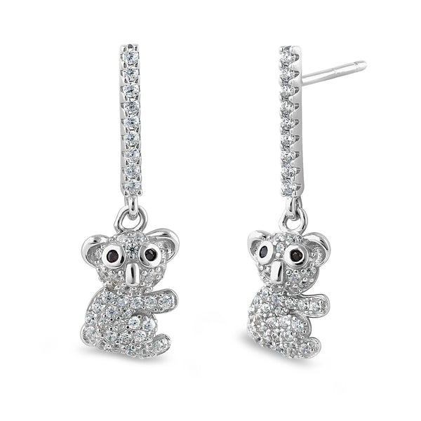 Sterling Silver Cute Dangling Koala Bear Round Cut Clear and Brown CZ Earrings