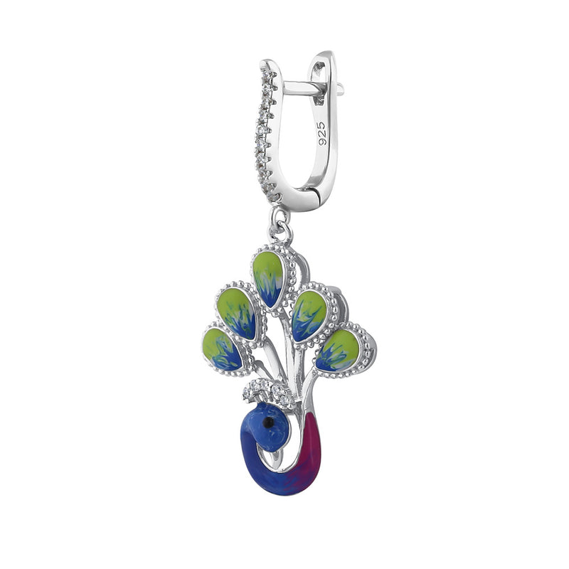 Sterling Silver Hand-Painted Royal Peacock Round Cut Clear CZ Earrings