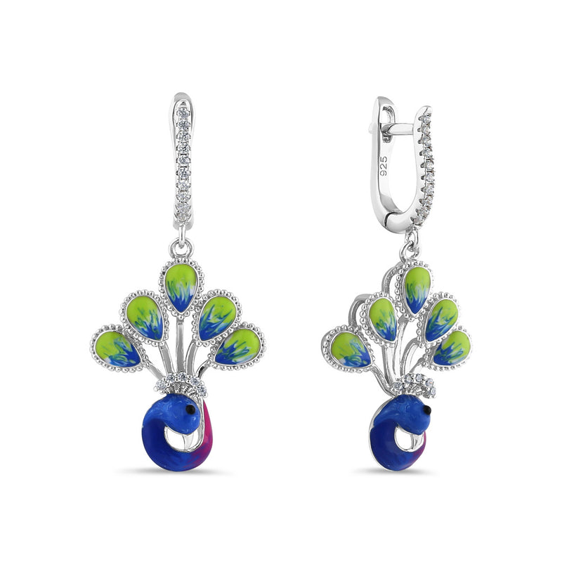 Sterling Silver Hand-Painted Royal Peacock Round Cut Clear CZ Earrings