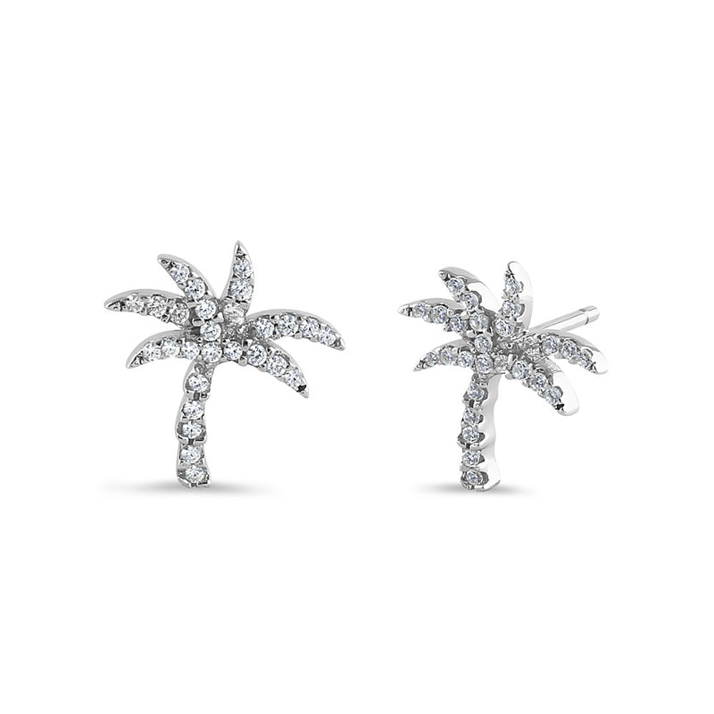 Sterling Silver Palm Tree Round Cut Clear CZ Earrings