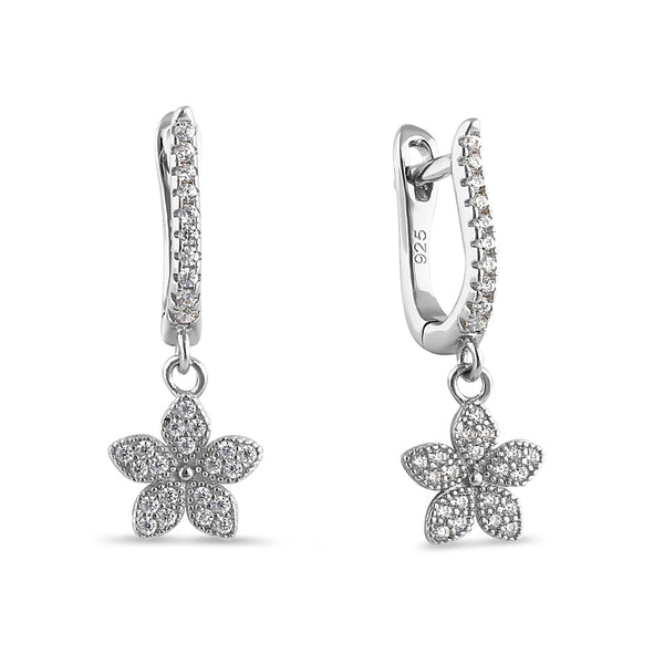 Sterling Silver Dainty Dangle Flower Round Cut Clear CZ Earrings