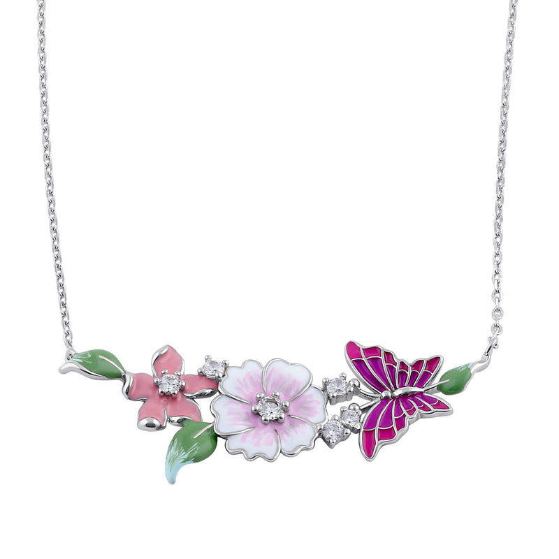 Sterling Silver Clear CZ Enamel Floral Necklace