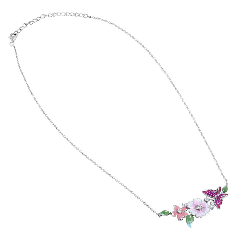 Sterling Silver Clear CZ Enamel Floral Necklace