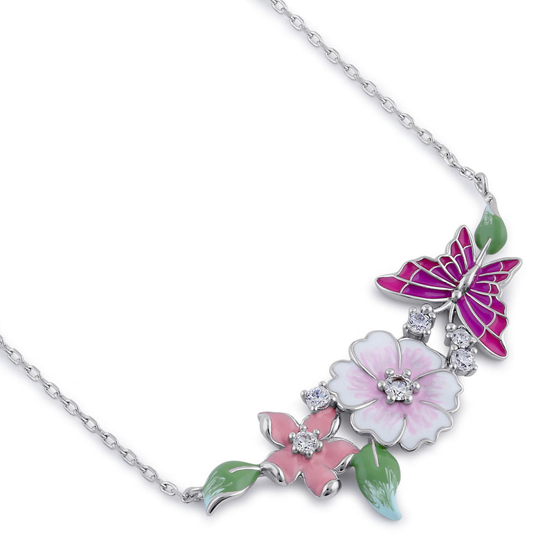 Sterling Silver Clear CZ Enamel Floral Necklace