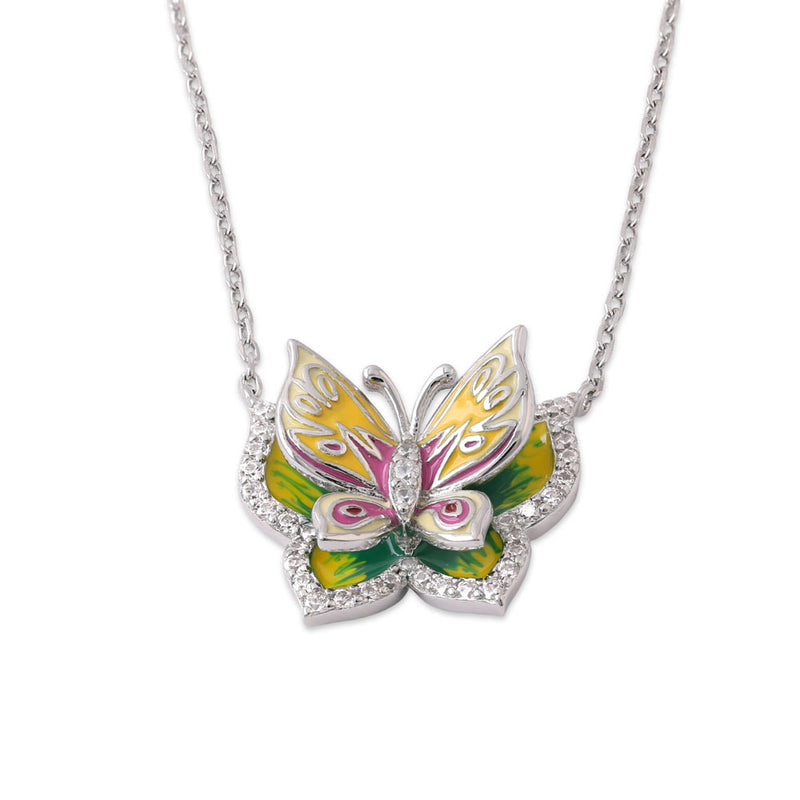 Sterling Silver Clear CZ Enamel Butterfly Necklace