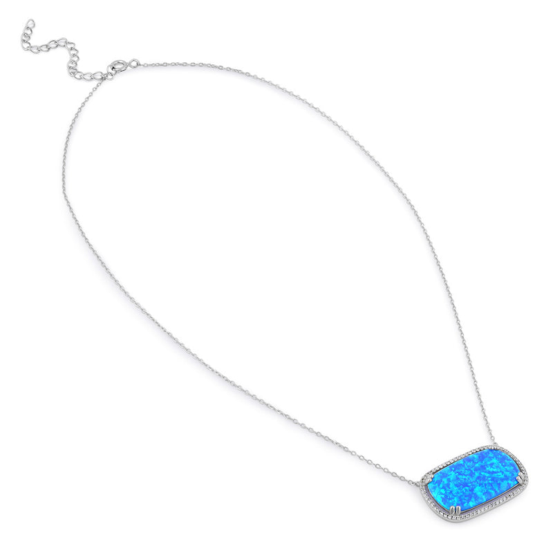 Sterling Silver Blue Opal Squoval Halo CZ Necklace