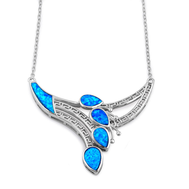 Sterling Silver Blue Lab Opal Anthurium Bouquet Greek Necklace