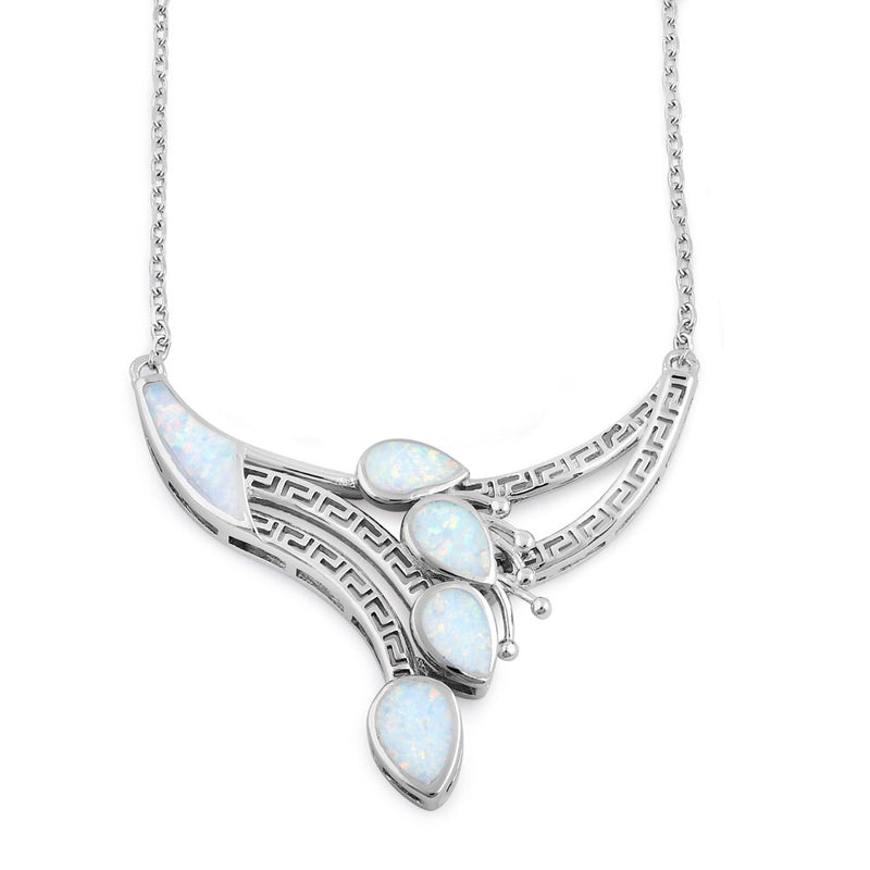 Sterling Silver White Lab Opal Anthurium Bouquet Greek Necklace