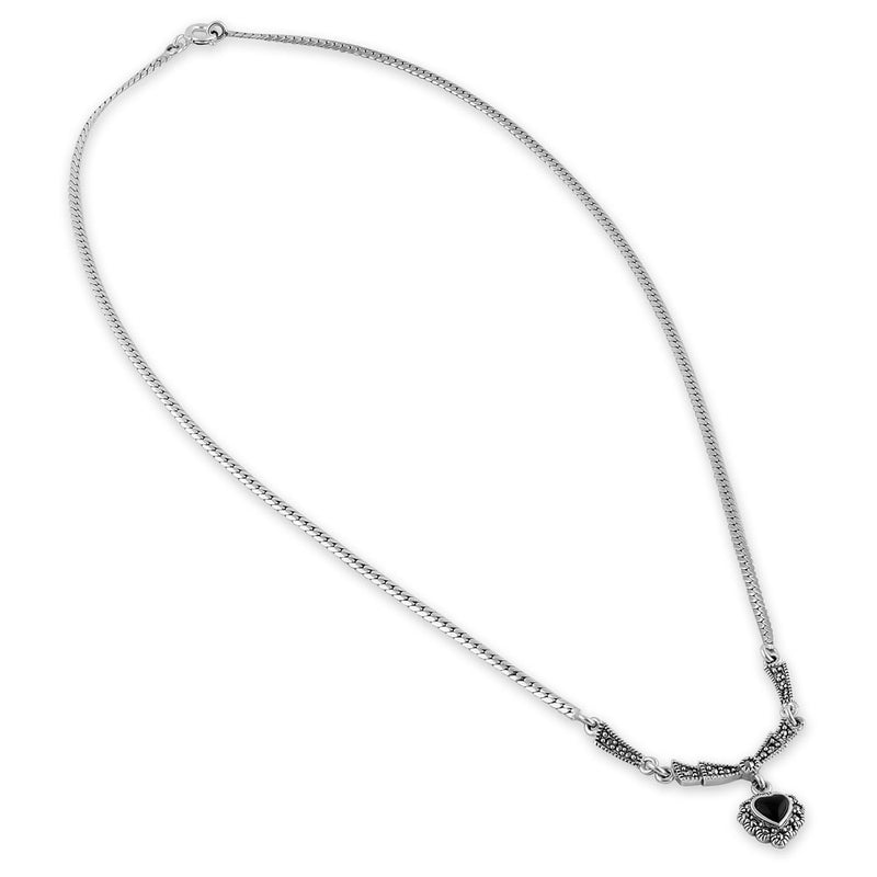 Sterling Silver Victorian Black Onyx Heart Halo Marcasite Necklace