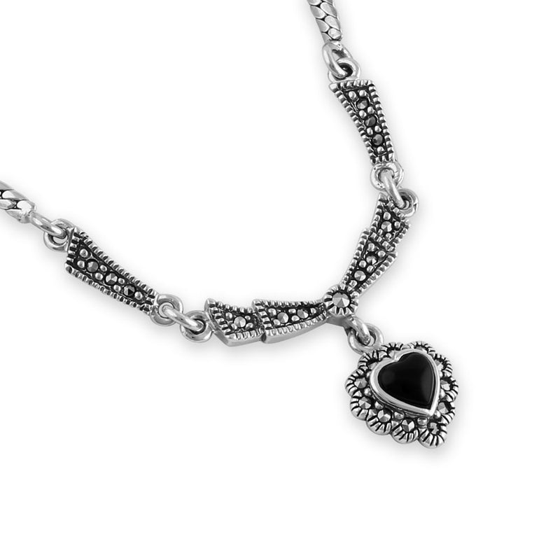 Sterling Silver Victorian Black Onyx Heart Halo Marcasite Necklace