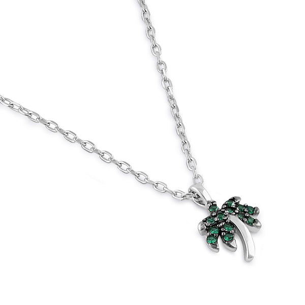 Sterling Silver Dainty Palm Tree Round Cut Emerald CZ Necklace