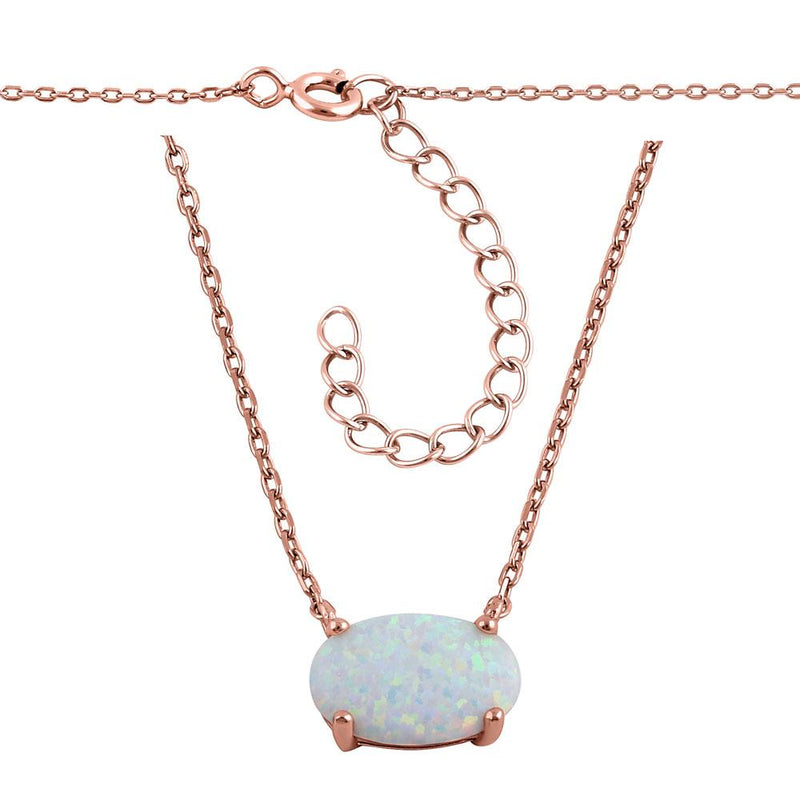 Sterling Silver Rose Gold Plated Oval White Lab Opal Necklace