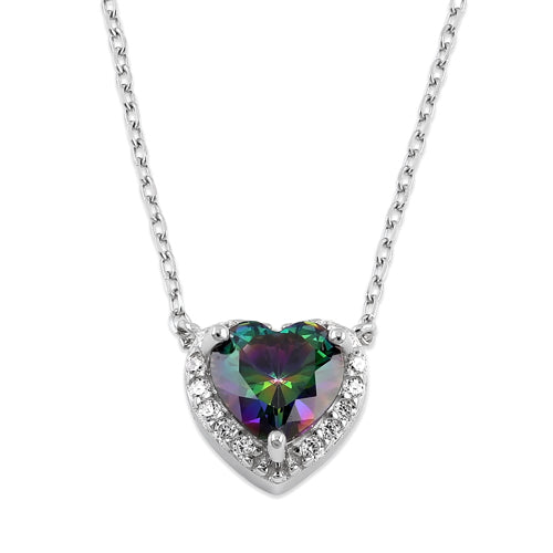 Sterling Silver Rainbow and Clear CZ Heart Halo Necklace