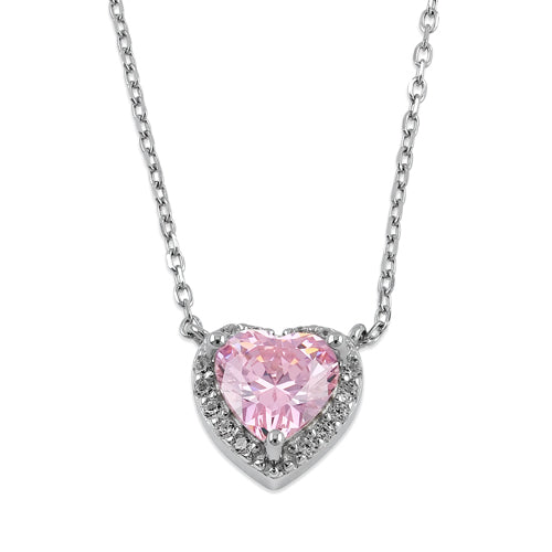 Sterling Silver Pink and Clear CZ Heart Halo Necklace