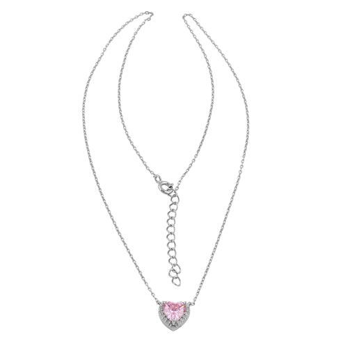 Sterling Silver Pink and Clear CZ Heart Halo Necklace