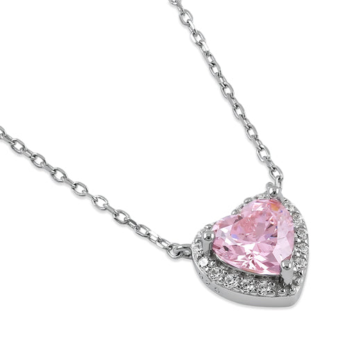 Sterling Silver Pink and Clear CZ Heart Halo Necklace