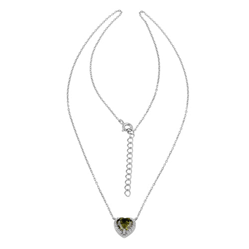 Sterling Silver Peridot and Clear CZ Heart Halo Necklace