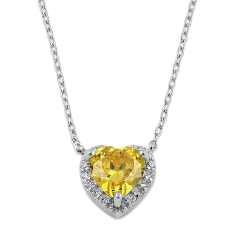 Sterling Silver Yellow and Clear CZ Heart Halo Necklace