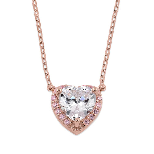 Sterling Silver Clear and Pink CZ Heart Halo Rose Gold Plated Necklace