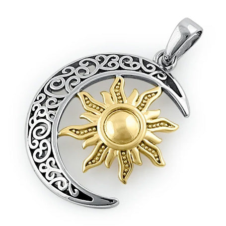 Sterling Silver Two-tone Bohemian Sun and Moon Pendant