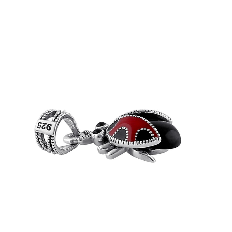 Sterling Silver Black Onyx and Enamel Ladybug Marcasite  Pendant
