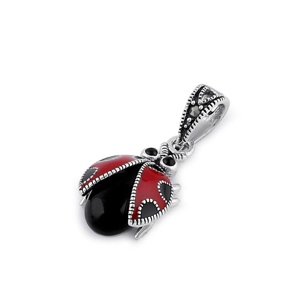 Sterling Silver Black Onyx and Enamel Ladybug Marcasite  Pendant