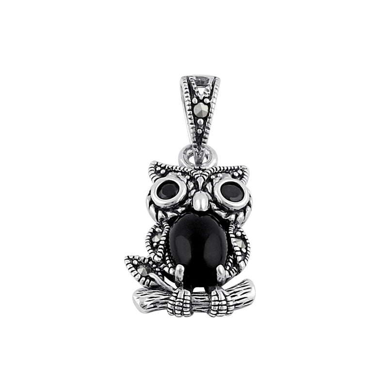 Sterling Silver Black Onyx and Dark Garnet Owl Marcasite Pendant