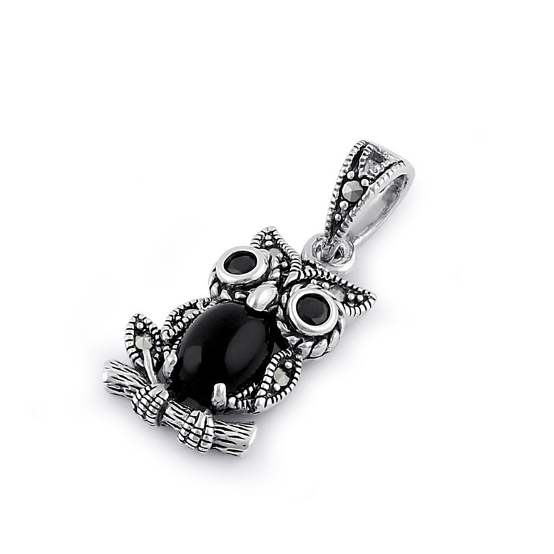 Sterling Silver Black Onyx and Dark Garnet Owl Marcasite Pendant